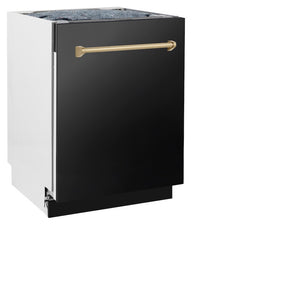 ZLINE Autograph Edition 24 in. Tallac Series 3rd Rack Top Control Built-In Tall Tub Dishwasher in Black Stainless Steel with Champagne Bronze Handle, 51dBa (DWVZ-BS-24-CB)