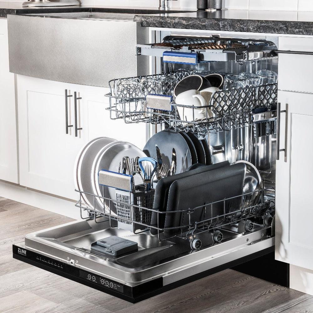 ZLINE Autograph Edition 24 in. 3rd Rack Top Control Tall Tub Dishwasher in Black Stainless Steel with Champagne Bronze Accent Handle, 51dBa (DWVZ-BS-24-CB) side, open, in a luxury kitchen with dishes loaded on racks.