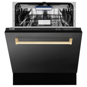 ZLINE Autograph Edition 24 in. 3rd Rack Top Control Tall Tub Dishwasher in Black Stainless Steel with Polished Gold Accent Handle, 51dBa (DWVZ-BS-24-G) front, half open.