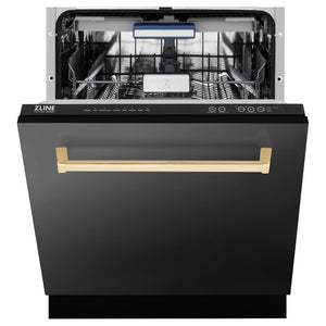 ZLINE Autograph Edition 24 in. 3rd Rack Top Control Tall Tub Dishwasher in Black Stainless Steel with Polished Gold Accent Handle, 51dBa (DWVZ-BS-24-G) front, half open.