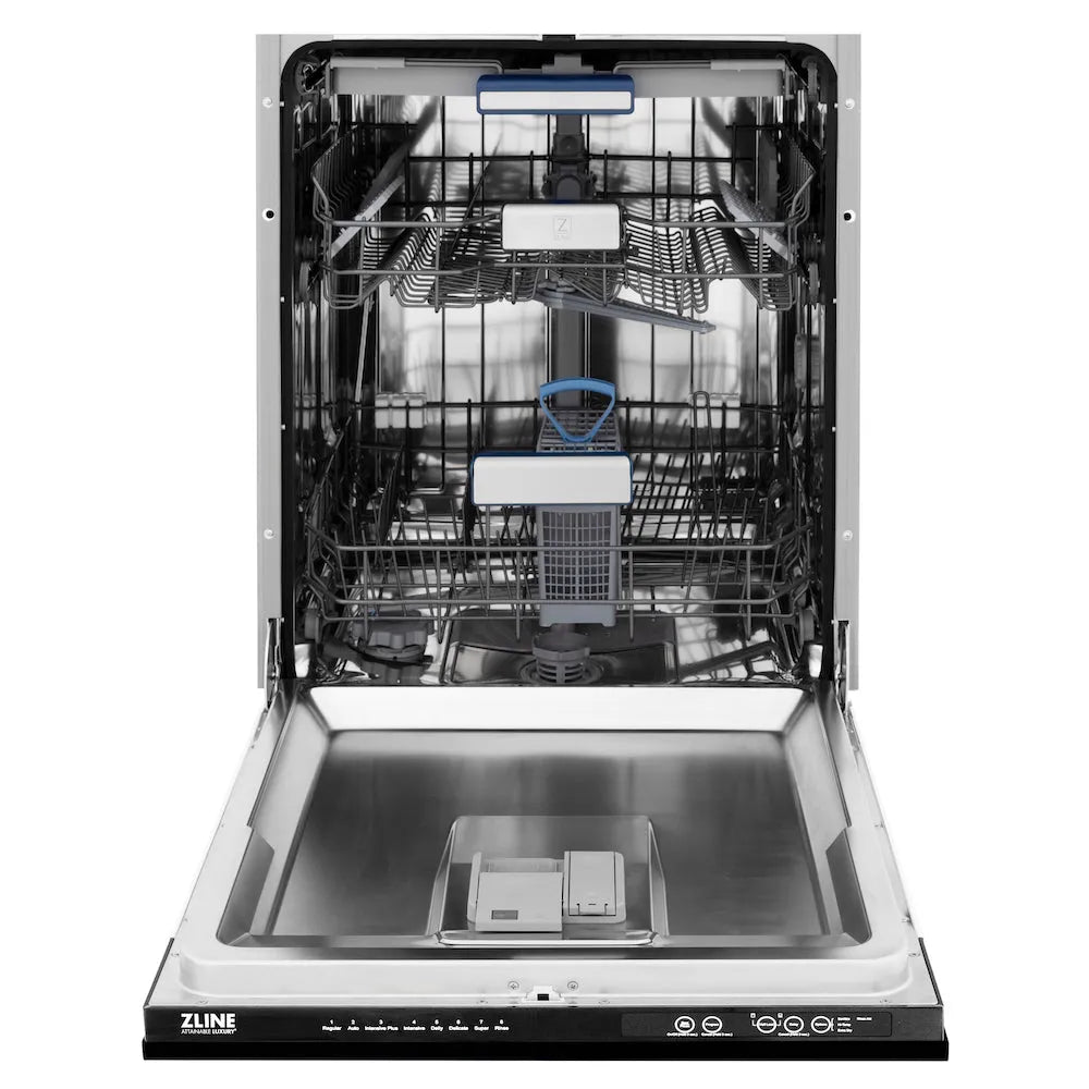 ZLINE Autograph Edition 36 in. Kitchen Package with Black Stainless Steel Dual Fuel Range, Range Hood and Dishwasher with Polished Gold Accents (3AKP-RABRHDWV36-G) front, open.