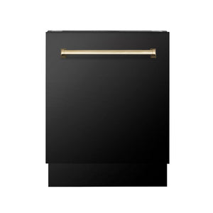 ZLINE Autograph Edition 24 in. 3rd Rack Top Control Tall Tub Dishwasher in Black Stainless Steel with Polished Gold Accent Handle, 51dBa (DWVZ-BS-24-G) front, closed.