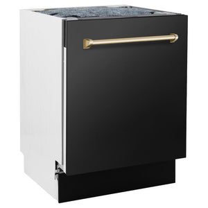 ZLINE Autograph Edition 24 in. 3rd Rack Top Control Tall Tub Dishwasher in Black Stainless Steel with Polished Gold Accent Handle, 51dBa (DWVZ-BS-24-G) side, closed.