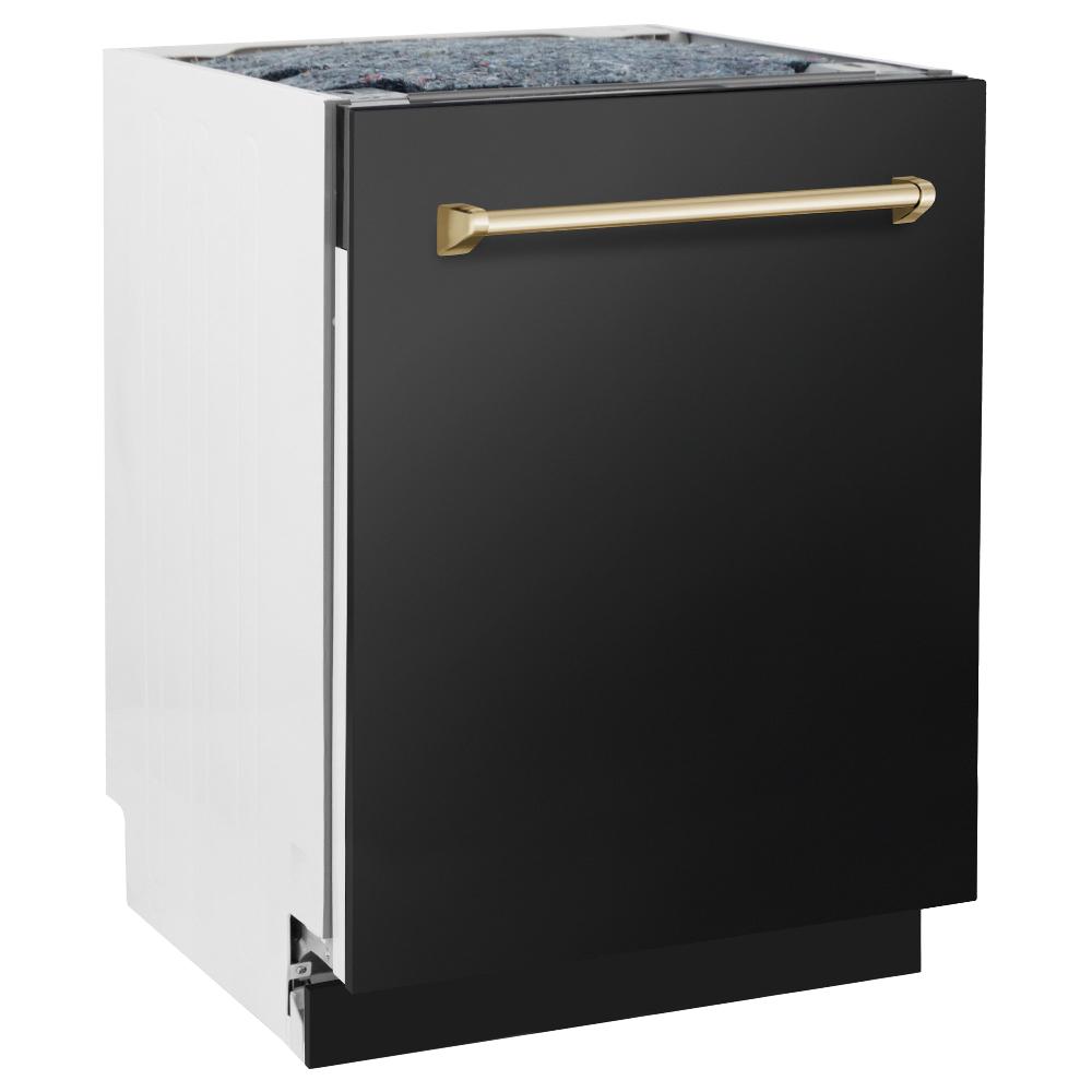 ZLINE Autograph Edition 24 in. 3rd Rack Top Control Tall Tub Dishwasher in Black Stainless Steel with Polished Gold Accent Handle, 51dBa (DWVZ-BS-24-G) side, closed.