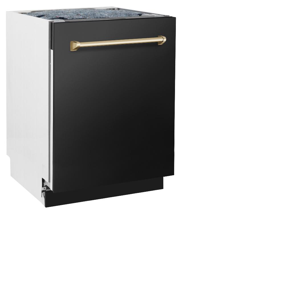 ZLINE Autograph Edition 24 in. 3rd Rack Top Control Tall Tub Dishwasher in Black Stainless Steel with Polished Gold Accent Handle, 51dBa (DWVZ-BS-24-G)