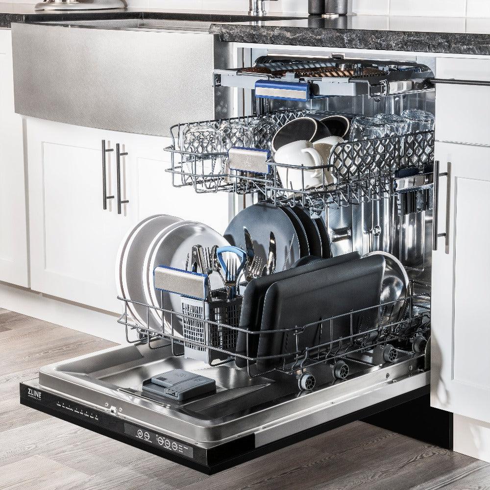 ZLINE Autograph Edition 24 in. 3rd Rack Top Control Tall Tub Dishwasher in Black Stainless Steel with Polished Gold Accent Handle, 51dBa (DWVZ-BS-24-G) side, open, in a luxury kitchen with dishes loaded on racks.