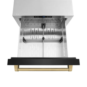 ZLINE Autograph Edition 24 in. Touchstone 168 Can Outdoor-Rated Dual Refrigerator Drawer with Black Stainless Steel Doors and Champagne Bronze Handles (RDSOZ-BS-24-CB) above, drawer open, with drawer divider installed.