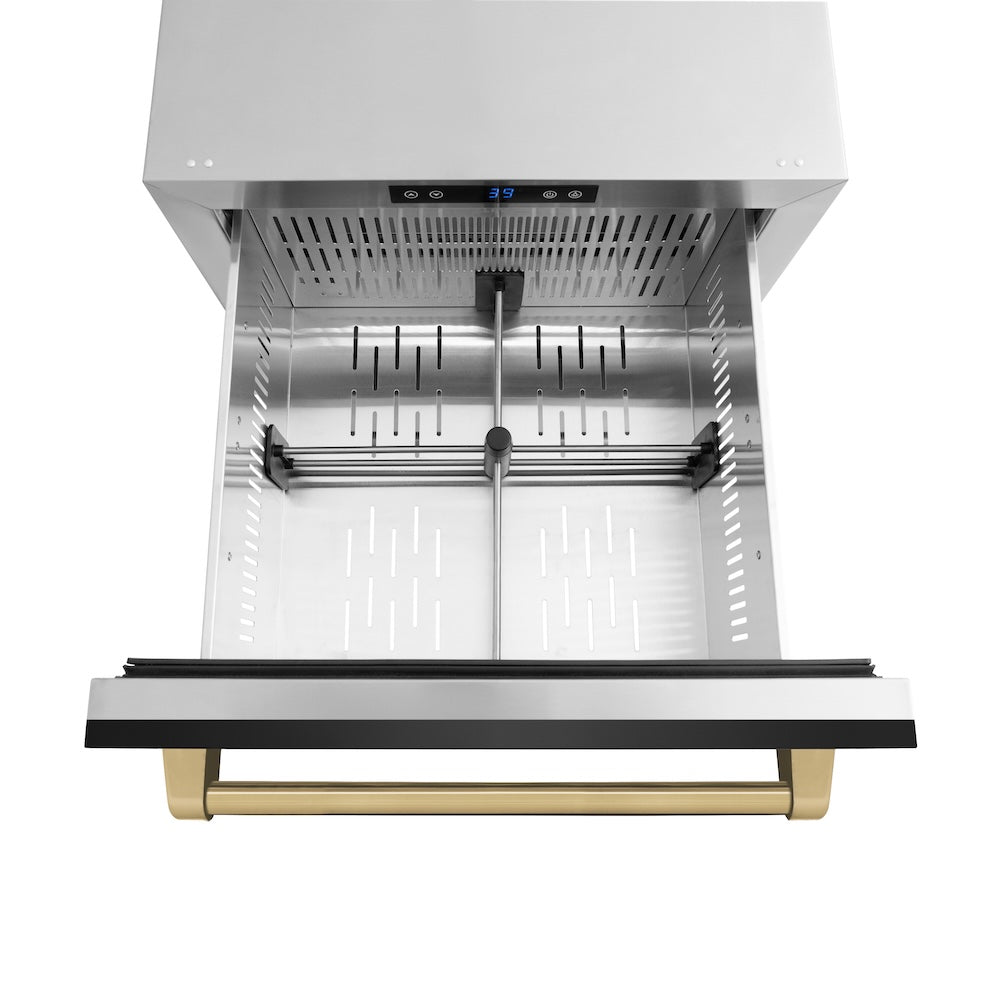 ZLINE Autograph Edition 24 in. Touchstone 168 Can Outdoor-Rated Dual Refrigerator Drawer with Black Stainless Steel Doors and Champagne Bronze Handles (RDSOZ-BS-24-CB)