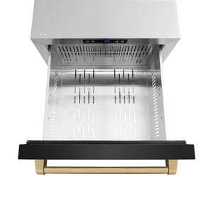 ZLINE Autograph Edition 24 in. Touchstone 168 Can Outdoor-Rated Dual Refrigerator Drawer with Black Stainless Steel Doors and Champagne Bronze Handles (RDSOZ-BS-24-CB) above, drawer open, with drawer divider removed.