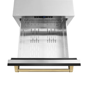 ZLINE Autograph Edition 24 in. Touchstone 168 Can Outdoor-Rated Dual Refrigerator Drawer with Black Stainless Steel Doors and Champagne Bronze Handles (RDSOZ-BS-24-CB)