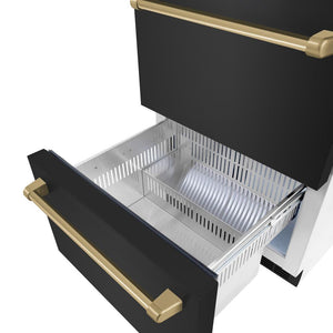 ZLINE Autograph Edition 24 in. Touchstone 168 Can Outdoor-Rated Dual Refrigerator Drawer with Black Stainless Steel Doors and Champagne Bronze Handles (RDSOZ-BS-24-CB) close-up detail, bottom drawer open.