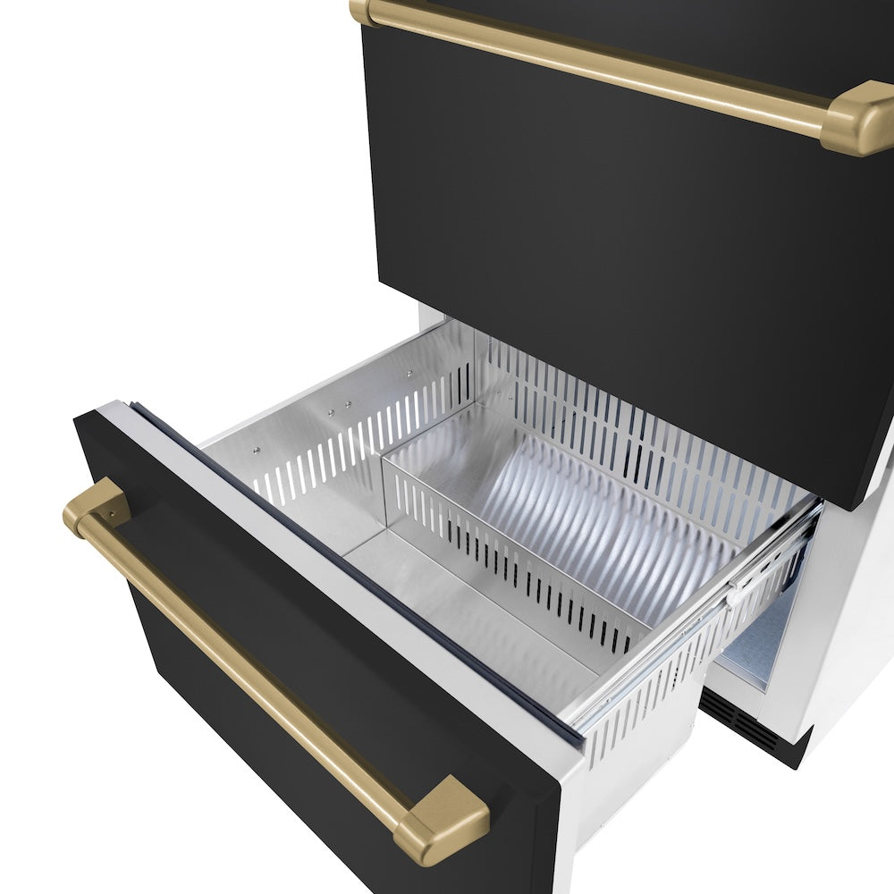 ZLINE Autograph Edition 24 in. Touchstone 168 Can Outdoor-Rated Dual Refrigerator Drawer with Black Stainless Steel Doors and Champagne Bronze Handles (RDSOZ-BS-24-CB)