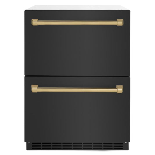 ZLINE Autograph Edition 24 in. Touchstone 168 Can Outdoor-Rated Dual Refrigerator Drawer with Black Stainless Steel Doors and Champagne Bronze Handles (RDSOZ-BS-24-CB)