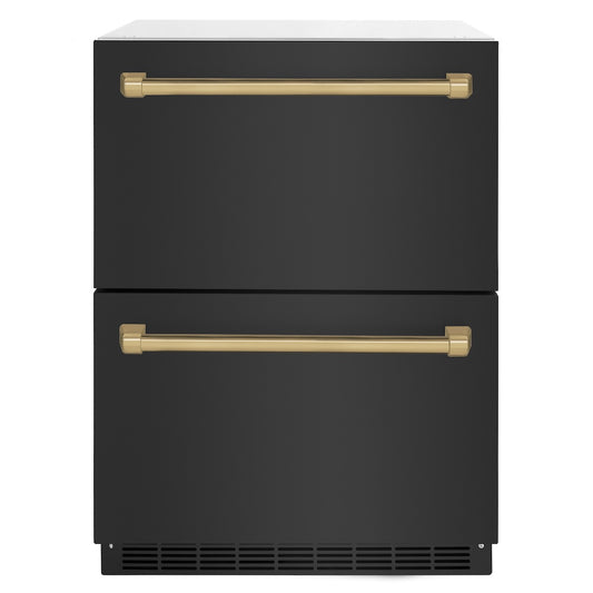 ZLINE Autograph Edition 24 in. Touchstone 168 Can Outdoor-Rated Dual Refrigerator Drawer with Black Stainless Steel Doors and Champagne Bronze Handles (RDSOZ-BS-24-CB)