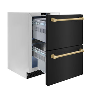 ZLINE Autograph Edition 24 in. Touchstone 168 Can Outdoor-Rated Dual Refrigerator Drawer with Black Stainless Steel Doors and Champagne Bronze Handles (RDSOZ-BS-24-CB) side, open, empty.