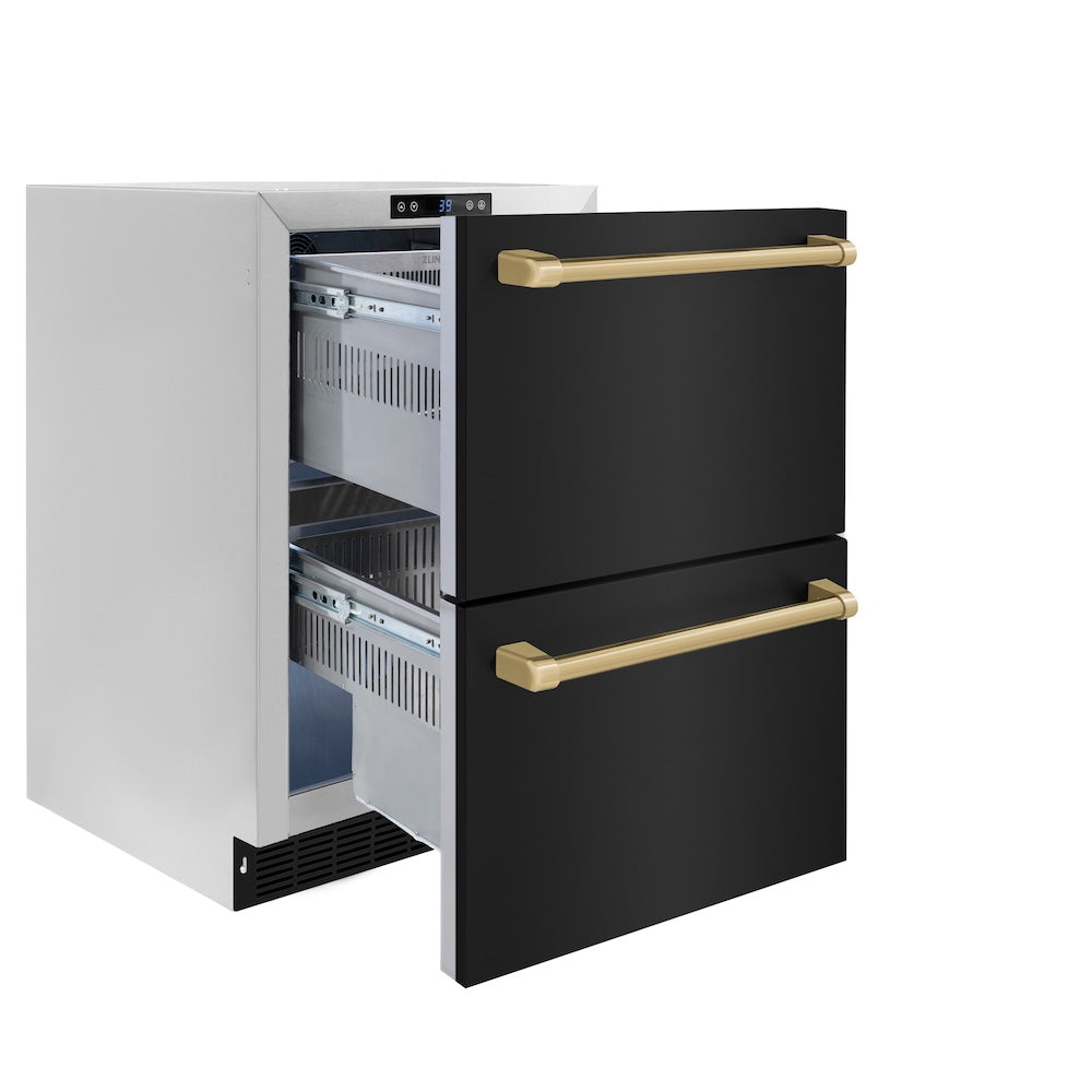 ZLINE Autograph Edition 24 in. Touchstone 168 Can Outdoor-Rated Dual Refrigerator Drawer with Black Stainless Steel Doors and Champagne Bronze Handles (RDSOZ-BS-24-CB)