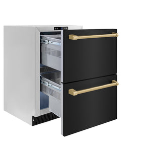 ZLINE Autograph Edition 24 in. Touchstone 168 Can Outdoor-Rated Dual Refrigerator Drawer with Black Stainless Steel Doors and Champagne Bronze Handles (RDSOZ-BS-24-CB)