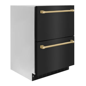 ZLINE Autograph Edition 24 in. Touchstone 168 Can Outdoor-Rated Dual Refrigerator Drawer with Black Stainless Steel Doors and Champagne Bronze Handles (RDSOZ-BS-24-CB) side, closed.