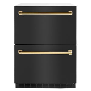 ZLINE Autograph Edition 24 in. Touchstone 168 Can Outdoor-Rated Dual Refrigerator Drawer with Black Stainless Steel Doors and Polished Gold Handles (RDSOZ-BS-24-G)