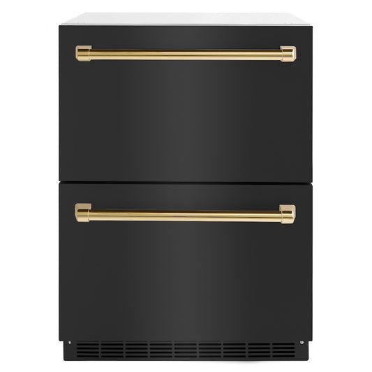 ZLINE Autograph Edition 24 in. Touchstone 168 Can Outdoor-Rated Dual Refrigerator Drawer with Black Stainless Steel Doors and Polished Gold Handles (RDSOZ-BS-24-G)