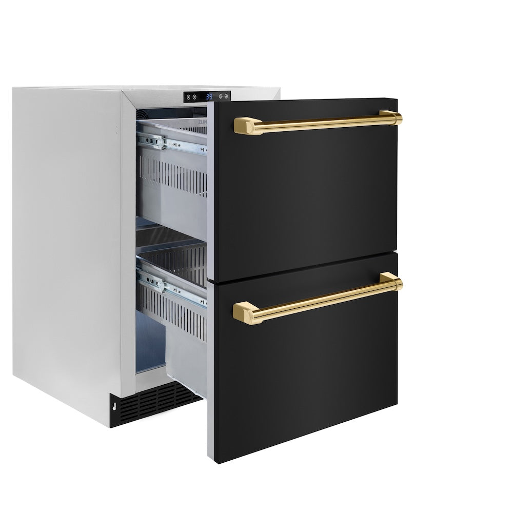 ZLINE Autograph Edition 24 in. Touchstone 168 Can Outdoor-Rated Dual Refrigerator Drawer with Black Stainless Steel Doors and Polished Gold Handles (RDSOZ-BS-24-G)