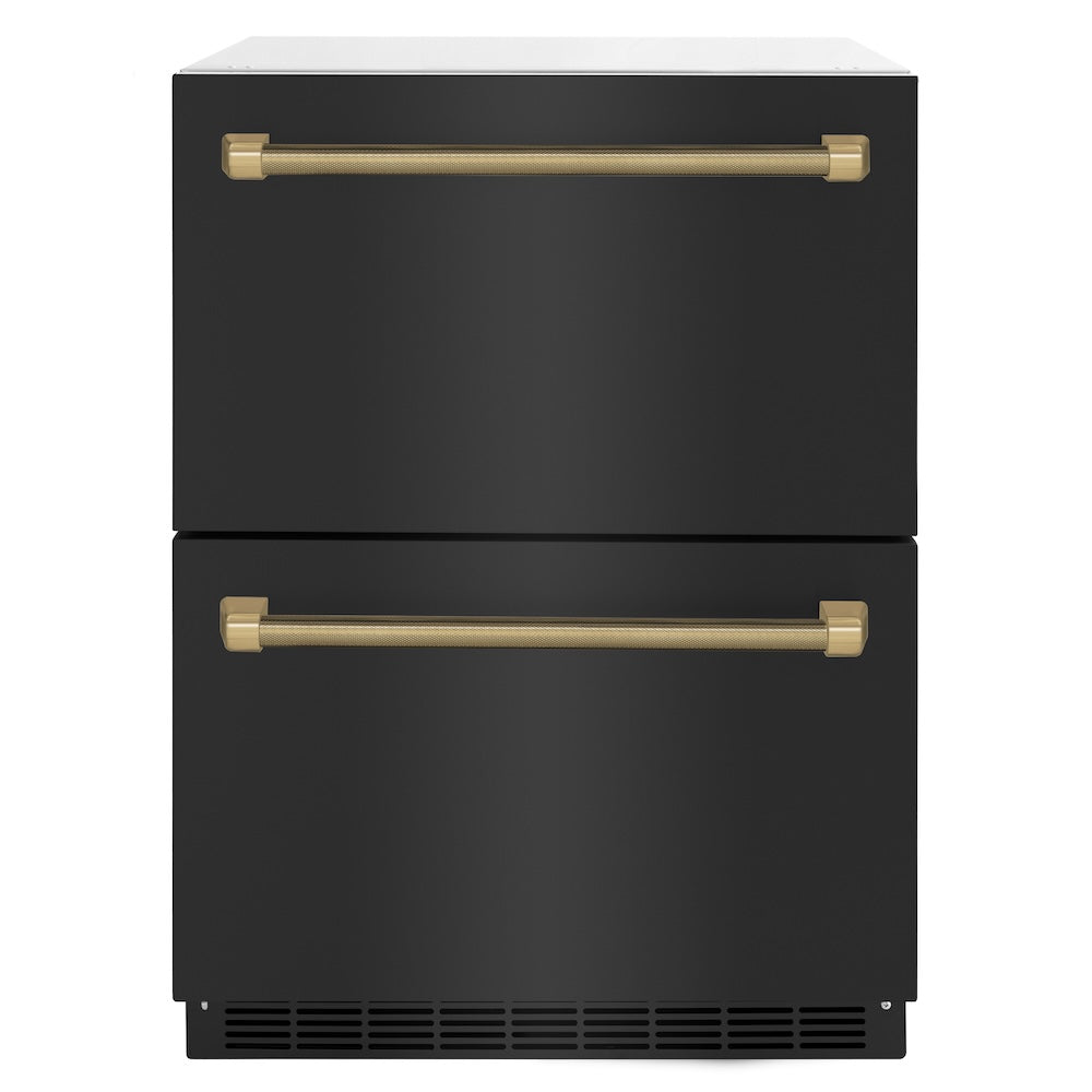 ZLINE Autograph Edition 24 in. Touchstone 168 Can Outdoor-Rated Dual Refrigerator Drawer with Black Stainless Steel Doors and Champagne Bronze Helix Handles (RDSOZ-BS-24-KCB) main image.