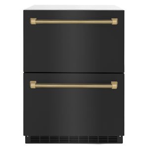 ZLINE Autograph Edition 24 in. Touchstone 168 Can Outdoor-Rated Dual Refrigerator Drawer with Black Stainless Steel Doors and Champagne Bronze Helix Handles (RDSOZ-BS-24-KCB) main image.