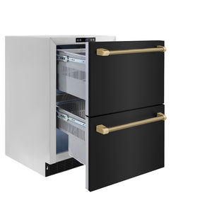 ZLINE Autograph Edition 24 in. Touchstone 168 Can Outdoor-Rated Dual Refrigerator Drawer with Black Stainless Steel Doors and Champagne Bronze Helix Handles (RDSOZ-BS-24-KCB)