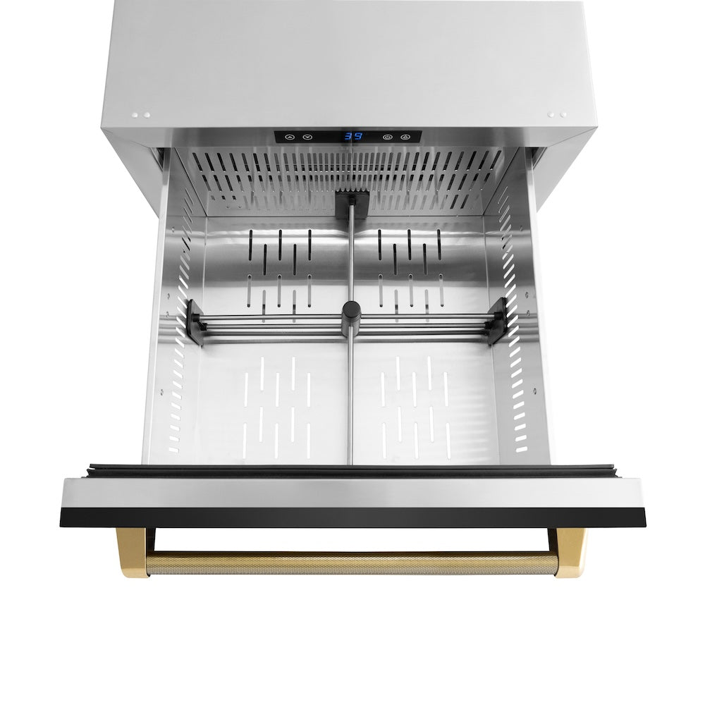 ZLINE Autograph Edition 24 in. Touchstone 168 Can Outdoor-Rated Dual Refrigerator Drawer with Black Stainless Steel Doors and Polished Gold Helix Handles (RDSOZ-BS-24-KG)