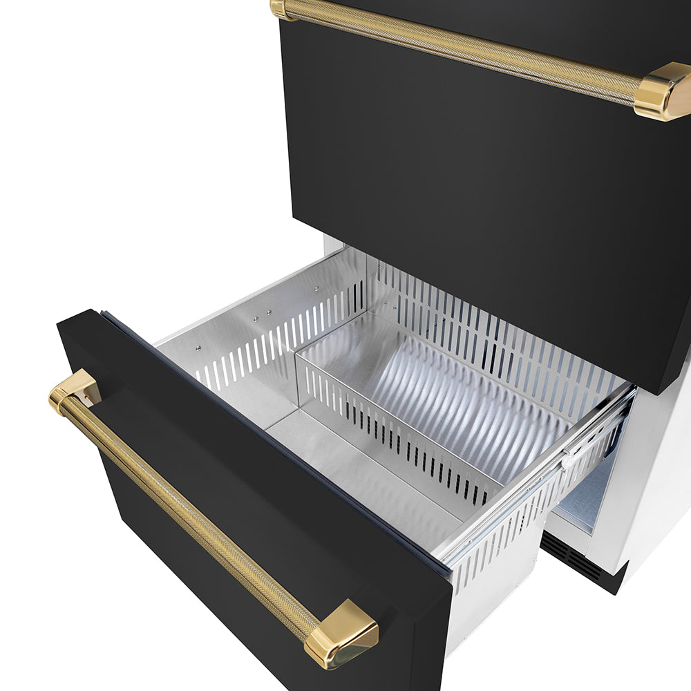 ZLINE Autograph Edition 24 in. Touchstone 168 Can Outdoor-Rated Dual Refrigerator Drawer with Black Stainless Steel Doors and Polished Gold Helix Handles (RDSOZ-BS-24-KG) drawer open showing interior compartments.