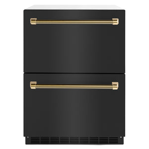 ZLINE Autograph Edition 24 in. Touchstone 168 Can Outdoor-Rated Dual Refrigerator Drawer with Black Stainless Steel Doors and Polished Gold Helix Handles (RDSOZ-BS-24-KG)