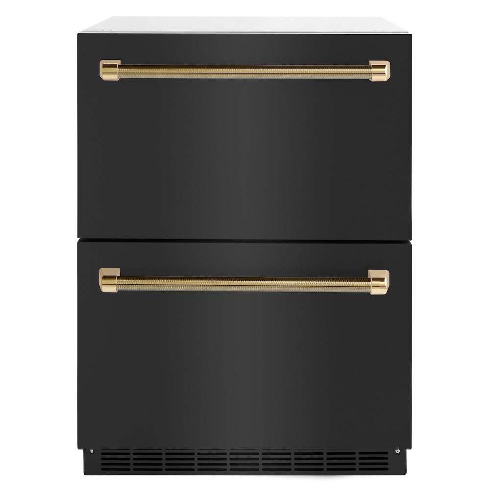 ZLINE Autograph Edition 24 in. Touchstone 168 Can Outdoor-Rated Dual Refrigerator Drawer with Black Stainless Steel Doors and Polished Gold Helix Handles (RDSOZ-BS-24-KG) main image.