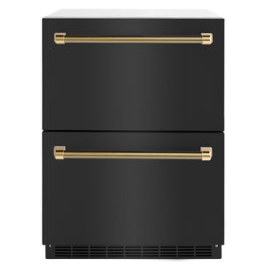 ZLINE Autograph Edition 24 in. Touchstone 168 Can Outdoor-Rated Dual Refrigerator Drawer with Black Stainless Steel Doors and Polished Gold Helix Handles (RDSOZ-BS-24-KG) main image.