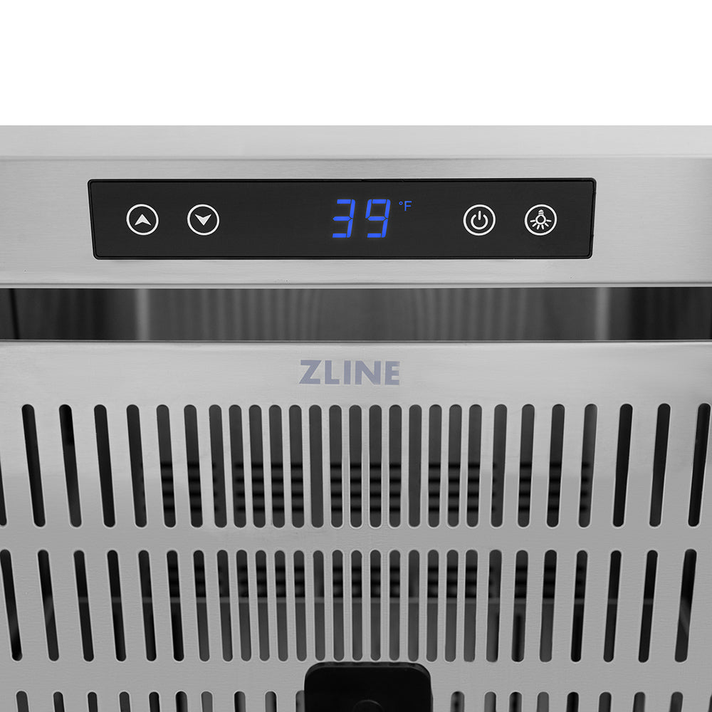 ZLINE Autograph Edition 24 in. Touchstone 168 Can Outdoor-Rated Dual Refrigerator Drawer with Black Stainless Steel Doors and Polished Gold Helix Handles (RDSOZ-BS-24-KG) control panel with digital display and buttons.