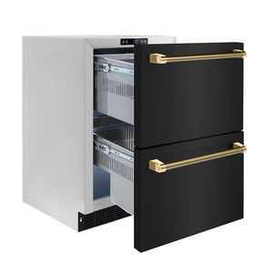 ZLINE Autograph Edition 24 in. Touchstone 168 Can Outdoor-Rated Dual Refrigerator Drawer with Black Stainless Steel Doors and Polished Gold Helix Handles (RDSOZ-BS-24-KG) side, open.