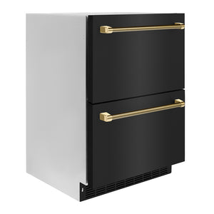 ZLINE Autograph Edition 24 in. Touchstone 168 Can Outdoor-Rated Dual Refrigerator Drawer with Black Stainless Steel Doors and Polished Gold Helix Handles (RDSOZ-BS-24-KG) side.