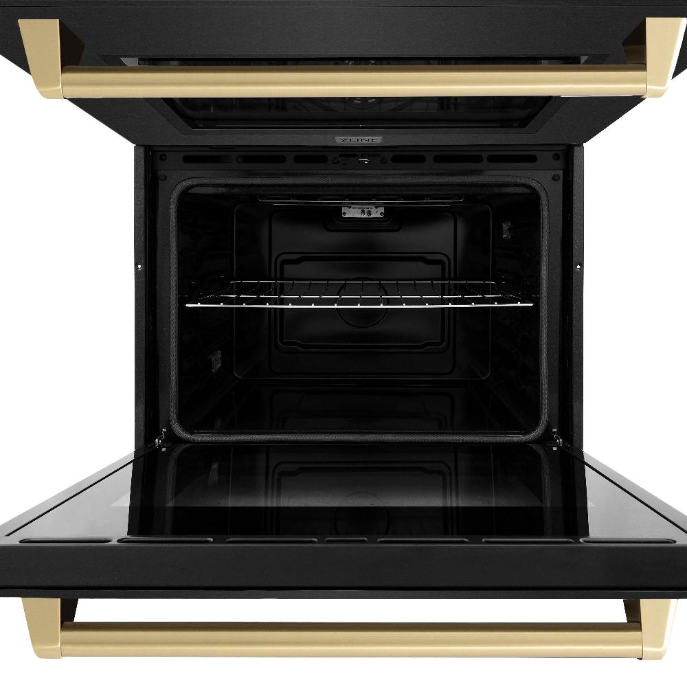 ZLINE Autograph Edition 30 in. Professional True Convection Double Wall Oven with Air Fry and Self Clean in Black Stainless Steel with Champagne Bronze Handles (WADBZ-30-CB) front, close-up bottom oven open.