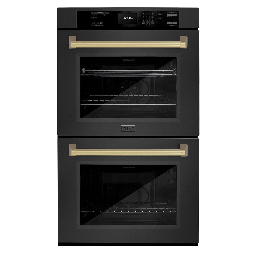 ZLINE Autograph Edition 30 in. Professional True Convection Double Wall Oven with Air Fry and Self Clean in Black Stainless Steel with Champagne Bronze Handles (WADBZ-30-CB)