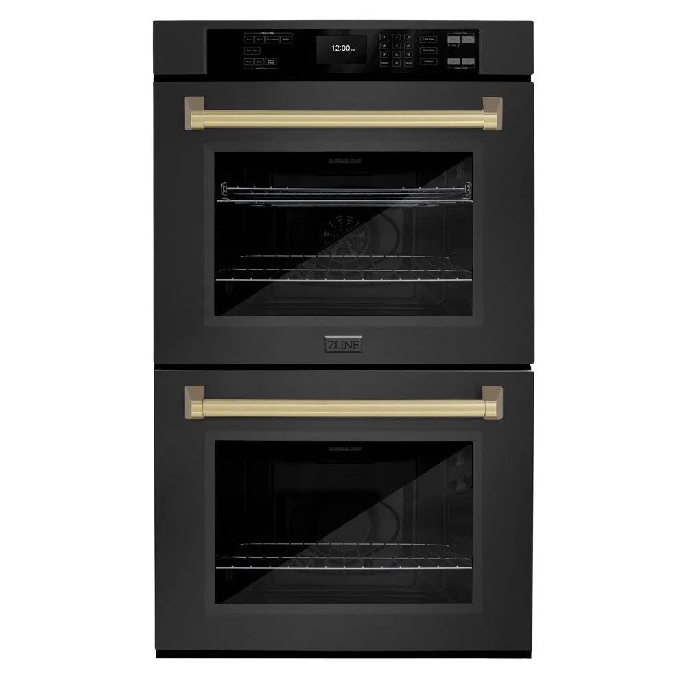 ZLINE Autograph Edition 30 in. Professional True Convection Double Wall Oven with Air Fry and Self Clean in Black Stainless Steel with Champagne Bronze Handles (WADBZ-30-CB) main image.