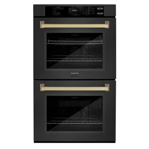 ZLINE Autograph Edition 30 in. Professional True Convection Double Wall Oven with Air Fry and Self Clean in Black Stainless Steel with Champagne Bronze Handles (WADBZ-30-CB) main image.