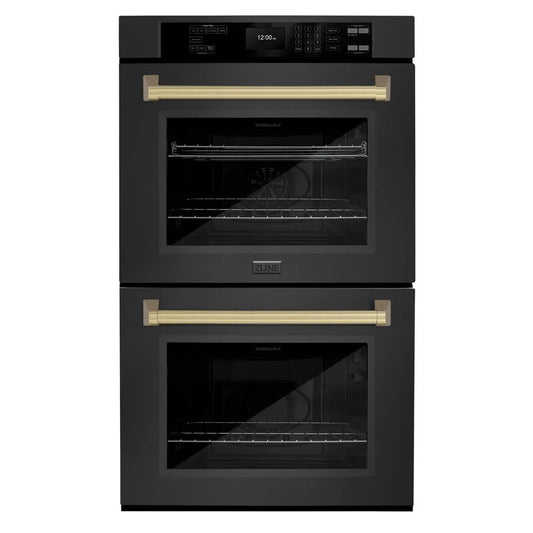 ZLINE Autograph Edition 30 in. Professional True Convection Double Wall Oven with Air Fry and Self Clean in Black Stainless Steel with Champagne Bronze Handles (WADBZ-30-CB) main image.