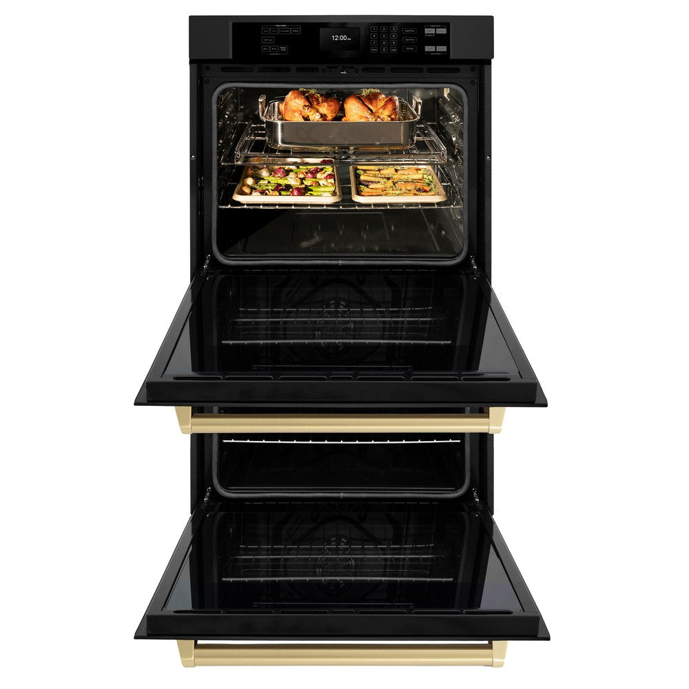 ZLINE Autograph Edition 30 in. Professional True Convection Double Wall Oven with Air Fry and Self Clean in Black Stainless Steel with Champagne Bronze Handles (WADBZ-30-CB) front, open.