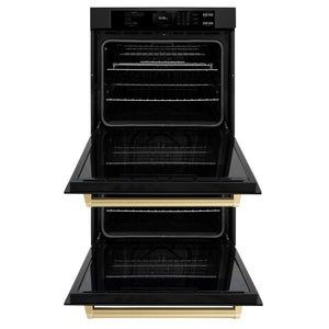 ZLINE Autograph Edition 30 in. Professional True Convection Double Wall Oven with Air Fry and Self Clean in Black Stainless Steel with Champagne Bronze Handles (WADBZ-30-CB) front, open.