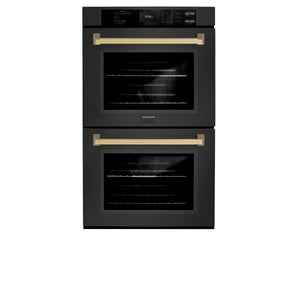 ZLINE Autograph Edition 30 in. Professional True Convection Double Wall Oven with Air Fry and Self Clean in Black Stainless Steel with Champagne Bronze Handles (WADBZ-30-CB) front, closed.