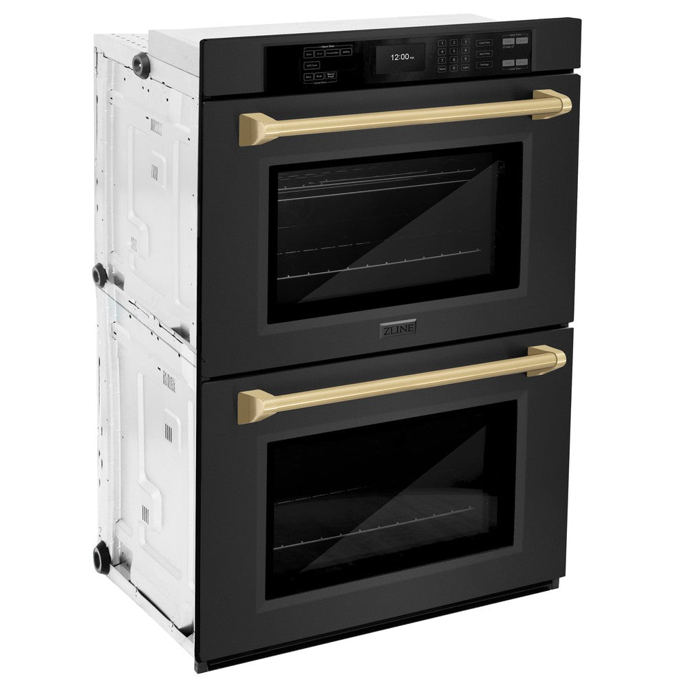 ZLINE Autograph Edition 30 in. Professional True Convection Double Wall Oven with Air Fry and Self Clean in Black Stainless Steel with Champagne Bronze Handles (WADBZ-30-CB) side, closed.