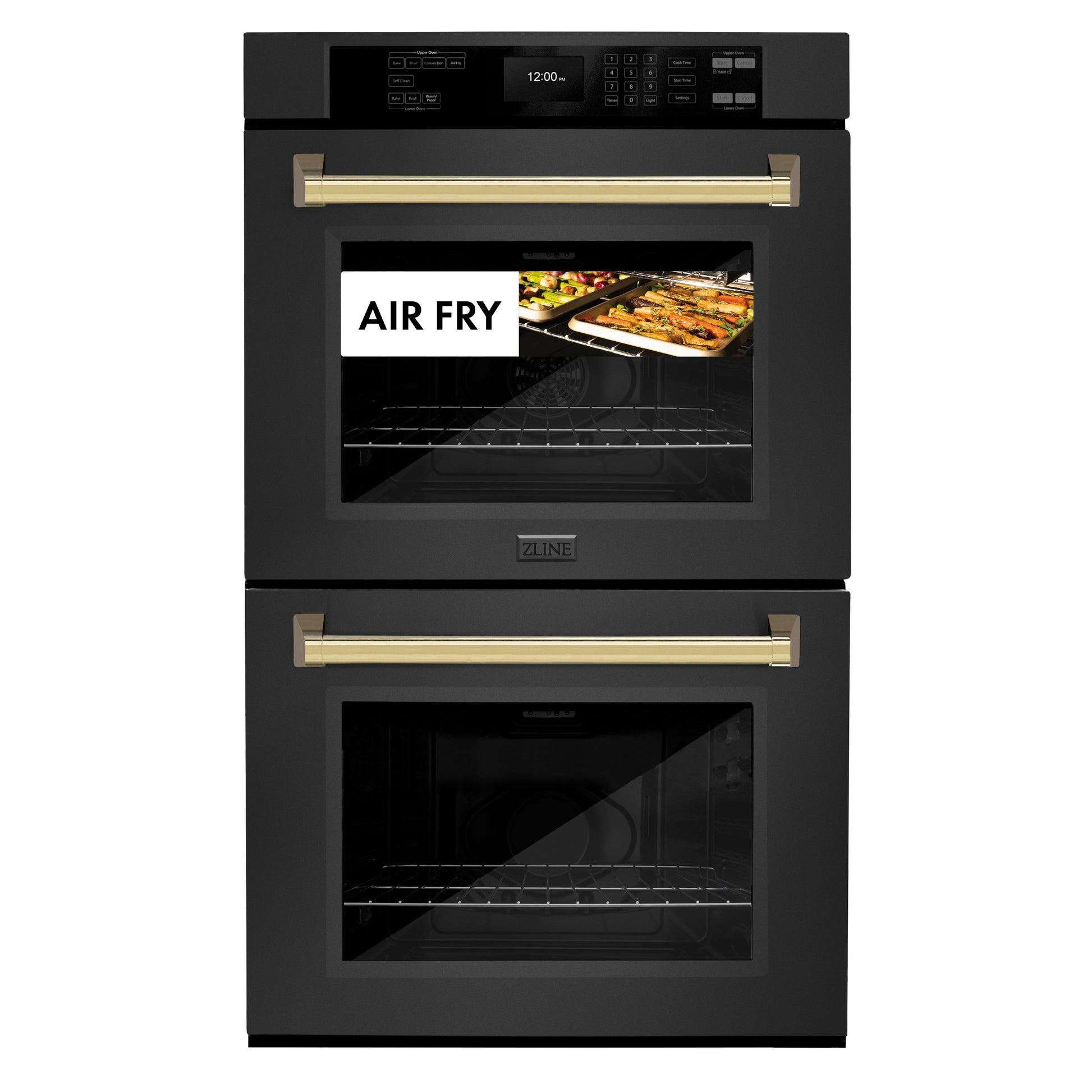 ZLINE Autograph Edition 30 in. Professional True Convection Double Wall Oven with Air Fry and Self Clean in Black Stainless Steel with Polished Gold Handles (WADBZ-30-G) front, closed, with food cooking by air fry.