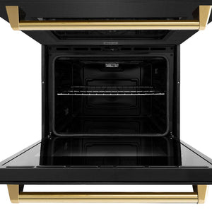 ZLINE Autograph Edition 30 in. Professional True Convection Double Wall Oven with Air Fry and Self Clean in Black Stainless Steel with Polished Gold Handles (WADBZ-30-G) front, close-up bottom oven open.