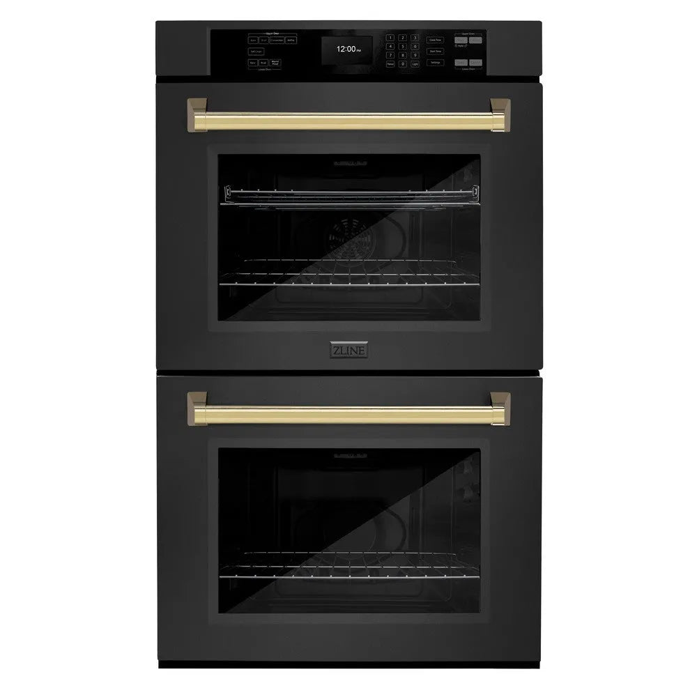 ZLINE Autograph Edition 30 in. Professional True Convection Double Wall Oven with Air Fry and Self Clean in Black Stainless Steel with Polished Gold Handles (WADBZ-30-G) main image.