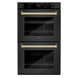 ZLINE Autograph Edition 30 in. Professional True Convection Double Wall Oven with Air Fry and Self Clean in Black Stainless Steel with Polished Gold Handles (WADBZ-30-G) main image.