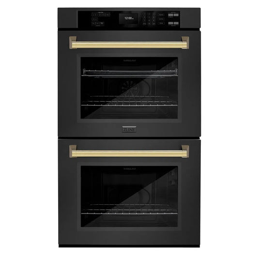 ZLINE Autograph Edition 30 in. Professional True Convection Double Wall Oven with Air Fry and Self Clean in Black Stainless Steel with Polished Gold Handles (WADBZ-30-G) main image.